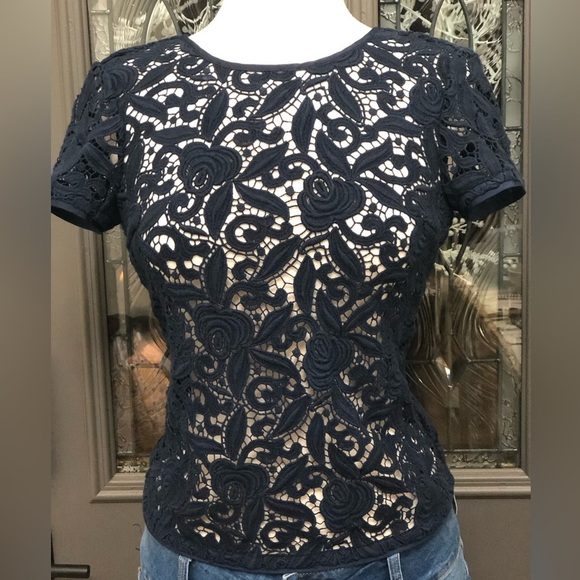 Juicy Couture Tops - Juicy Couture Navy Guipuere Lace Short Sleeve Top